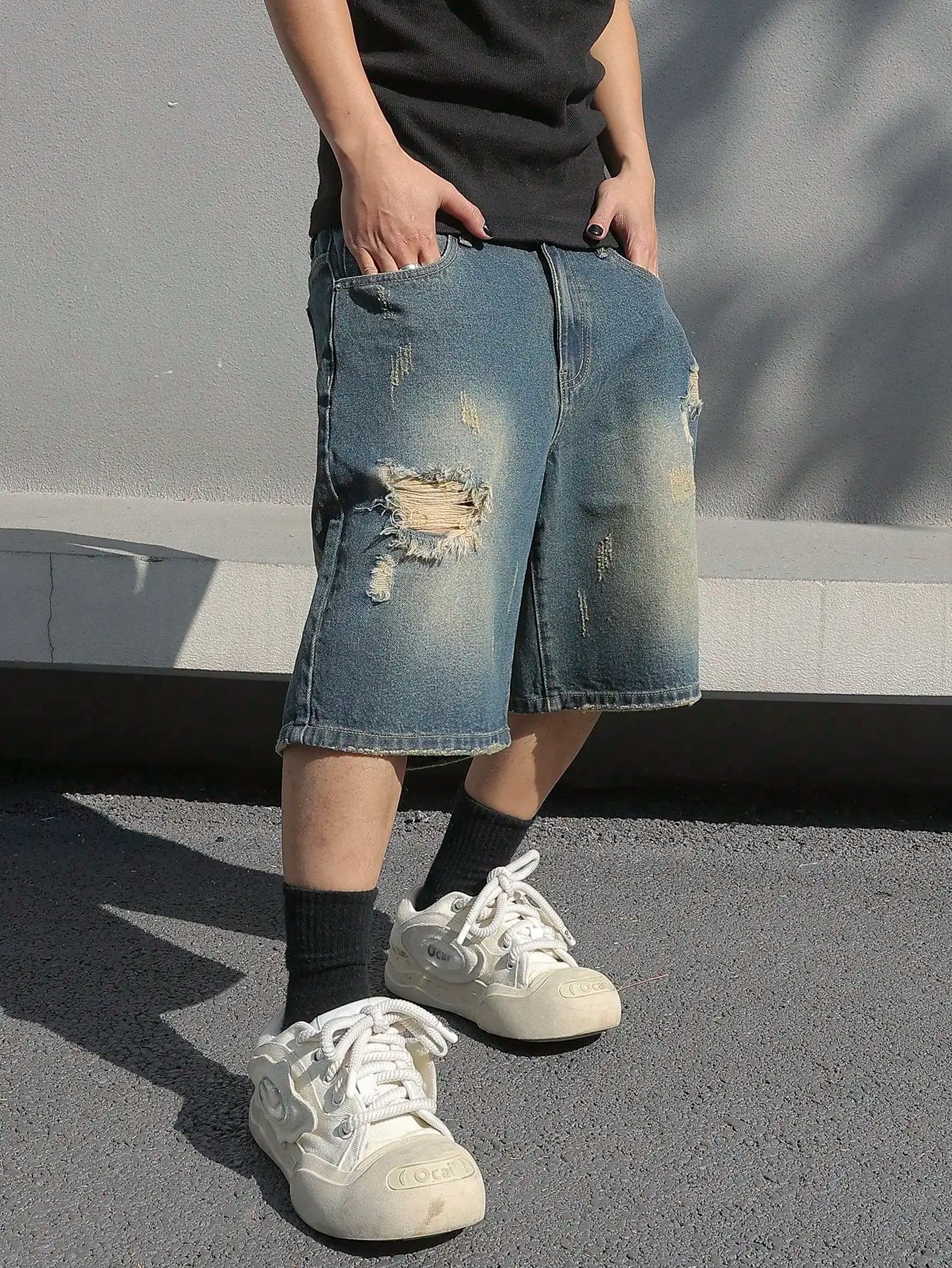 Men’s Baggy Ripped Denim Shorts | Stretchy Knee-Length Streetwear Jeans
