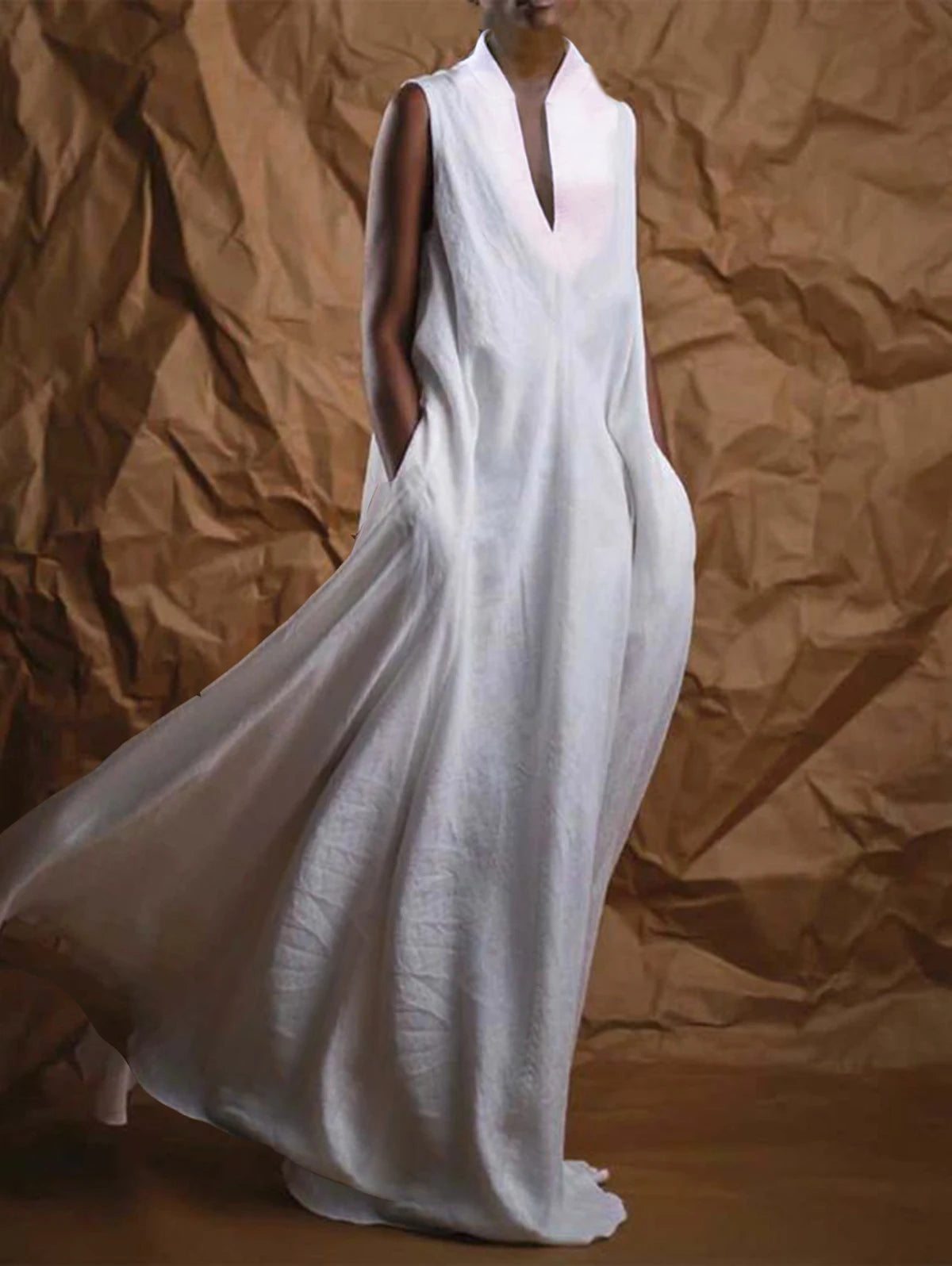 Elegant Plain Deep V Neck Sleeveless Linen Maxi Dress