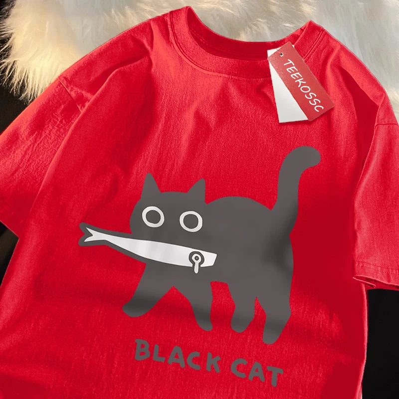 Japanese Style Cat Print Cotton T-Shirt