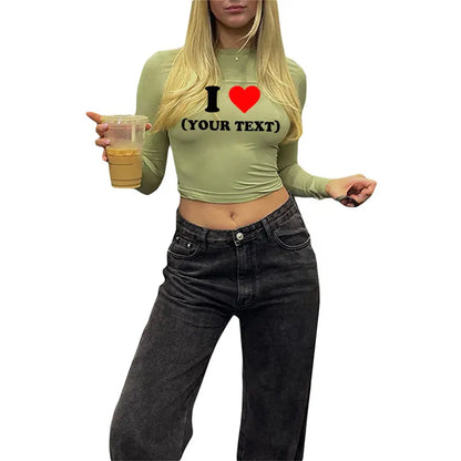 DIY Customize Your Text Couple Spring Autumn Women’s Long Sleeve Crop T-Shirt