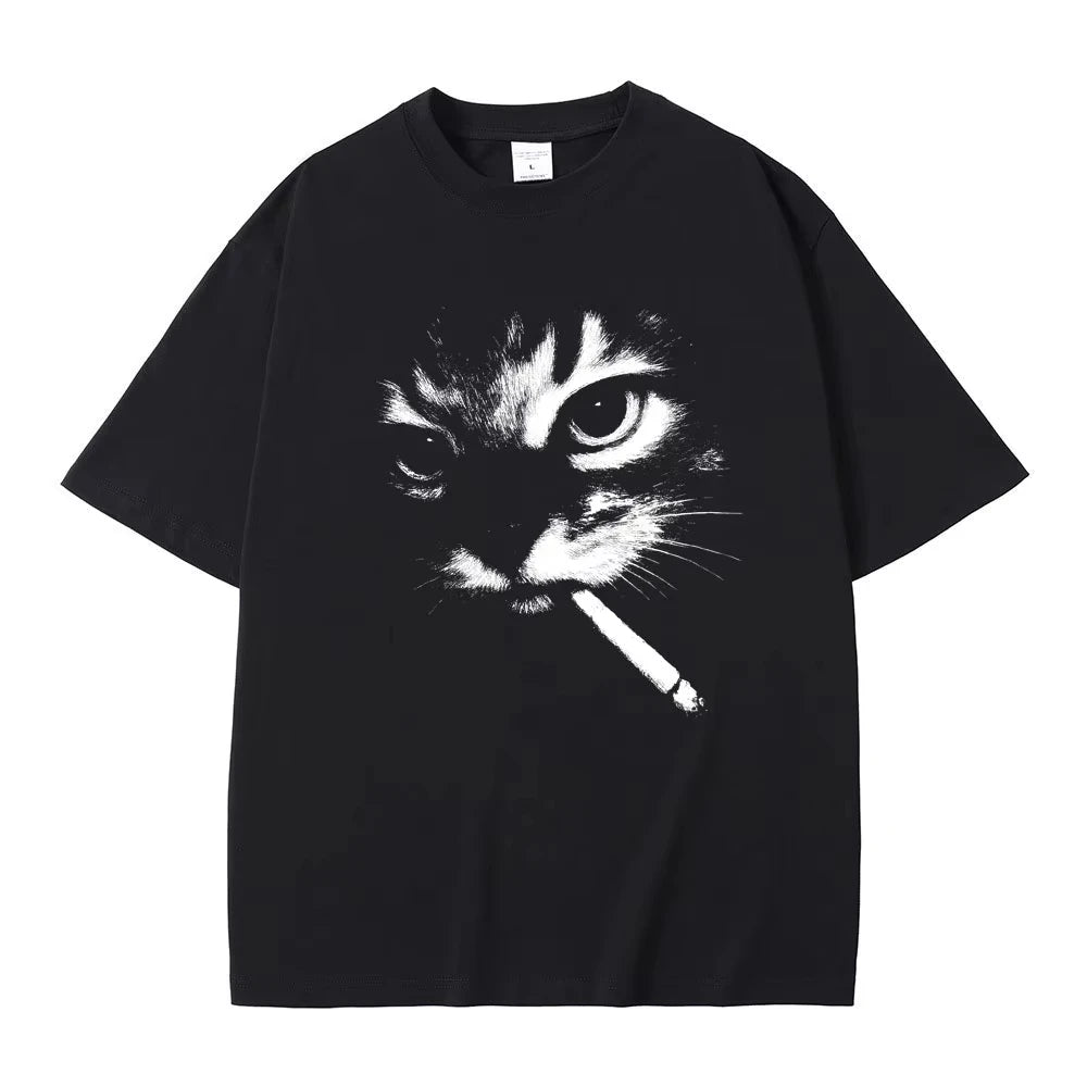 Funny Meme Smoking Cat Face Graphic T-shirts Men Women Casual Cotton Vintage T Shirts Men&