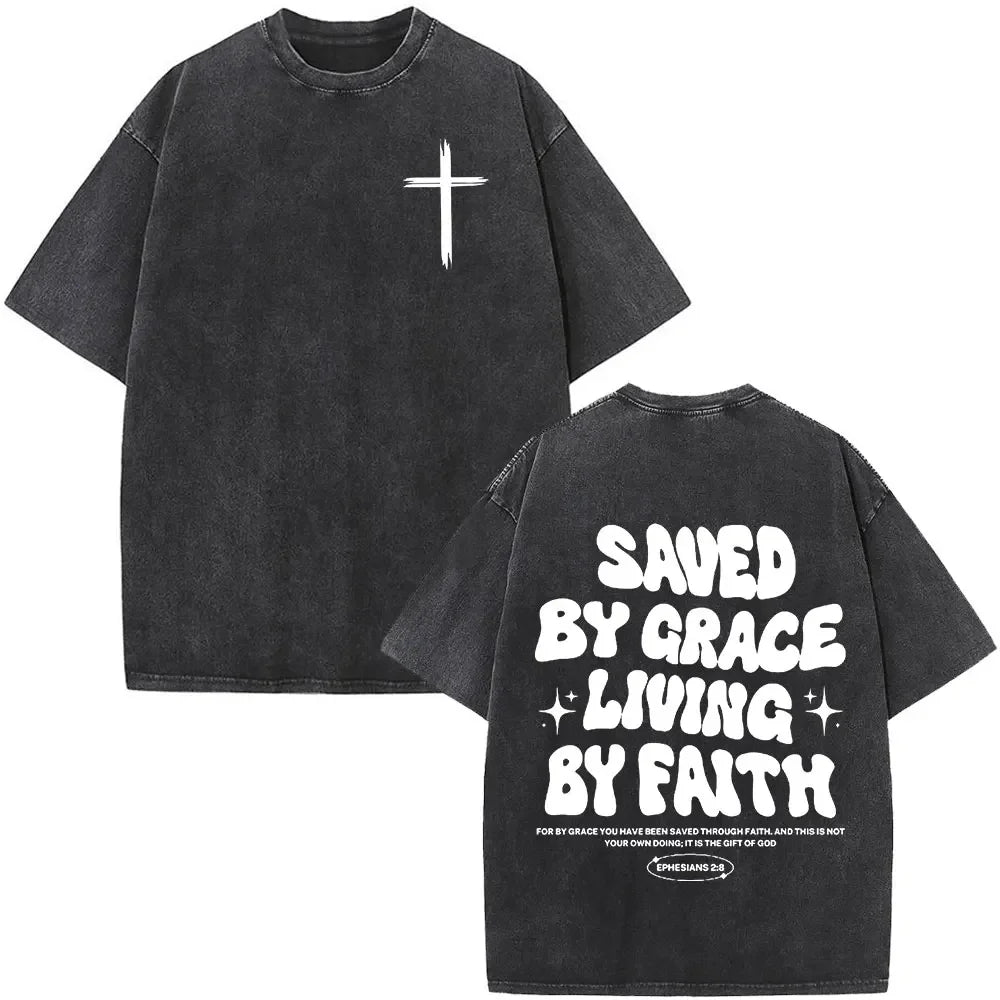 Heart Cross Christian Jesus Faith Over Fear Bible Verse Vintage Washed T-shirts Unisex Fashion Oversized T Shirts Cotton T-shirt