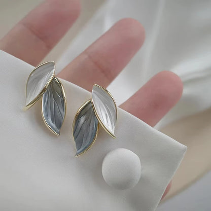 Elegant Grey Leaf Stud Earrings Vintage Style for Women