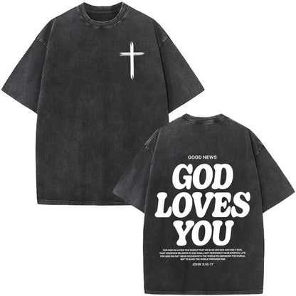 Heart Cross Christian Jesus Faith Over Fear Bible Verse Vintage Washed T-shirts Unisex Fashion Oversized T Shirts Cotton T-shirt