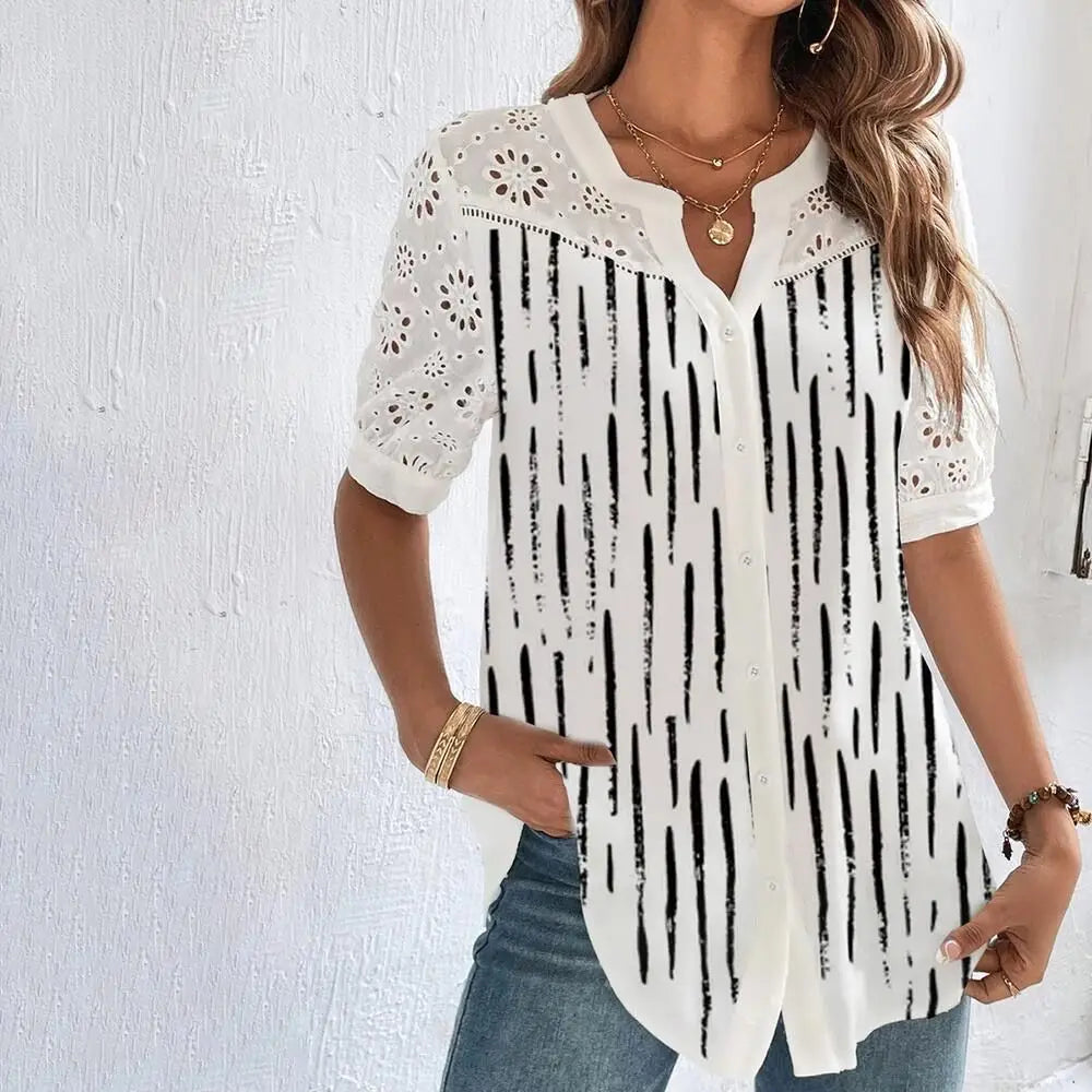 Women’s Lace Casual Short Sleeve Blouse – Elegant Holiday Top