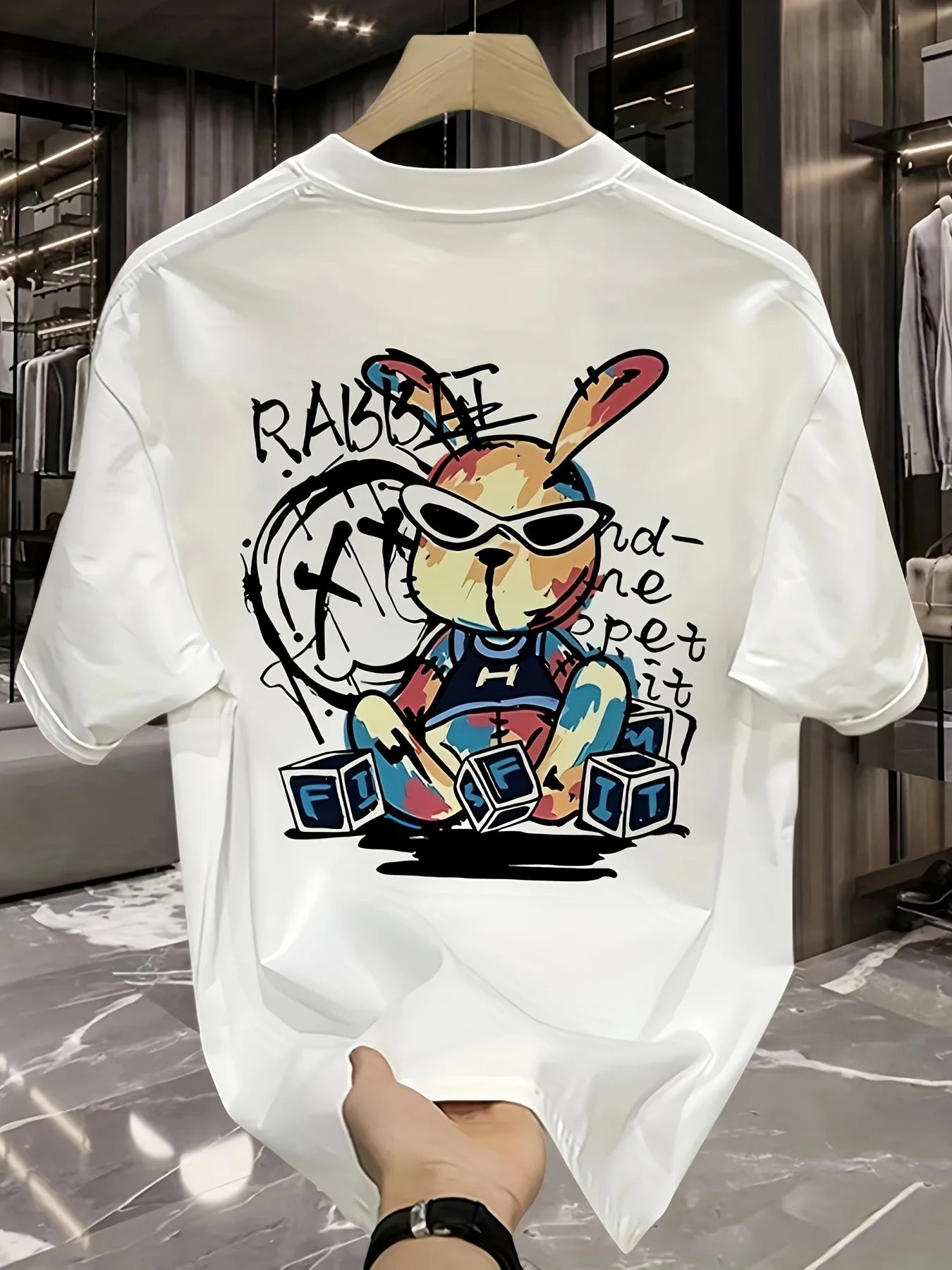 Men’s Summer Cotton Cartoon T-Shirt | Black Rabbit Print