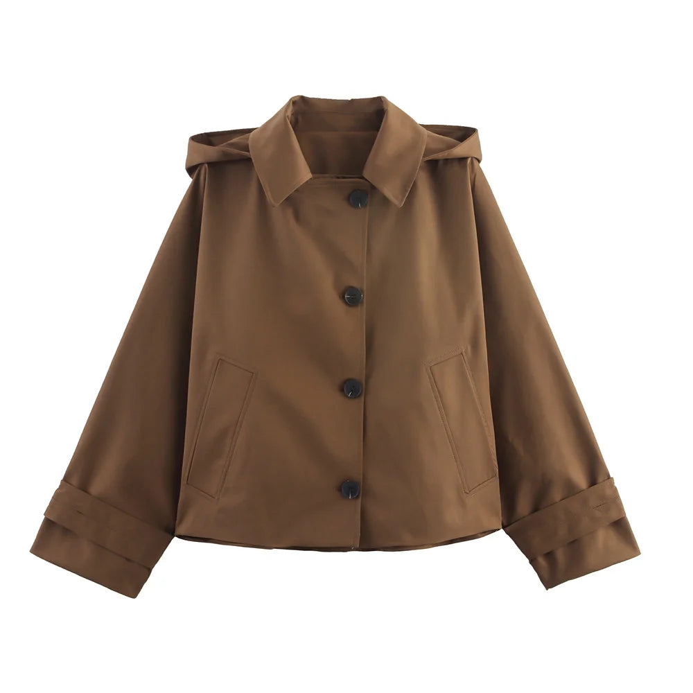 Autumn new European and American style hooded long sleeved lapel jacket single breasted trench coat short jacket