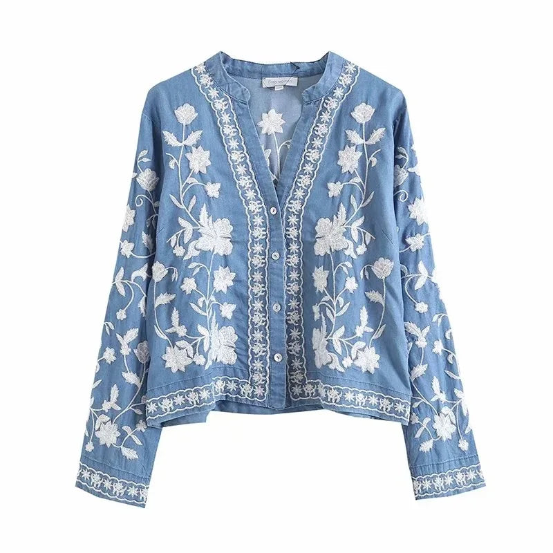 3/4 Sleeve Denim Shirt Women&
