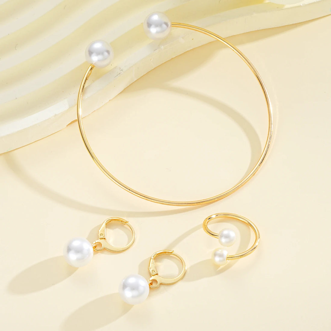 Simple Pearl Earrings, Ring & Bangle Jewelry Set