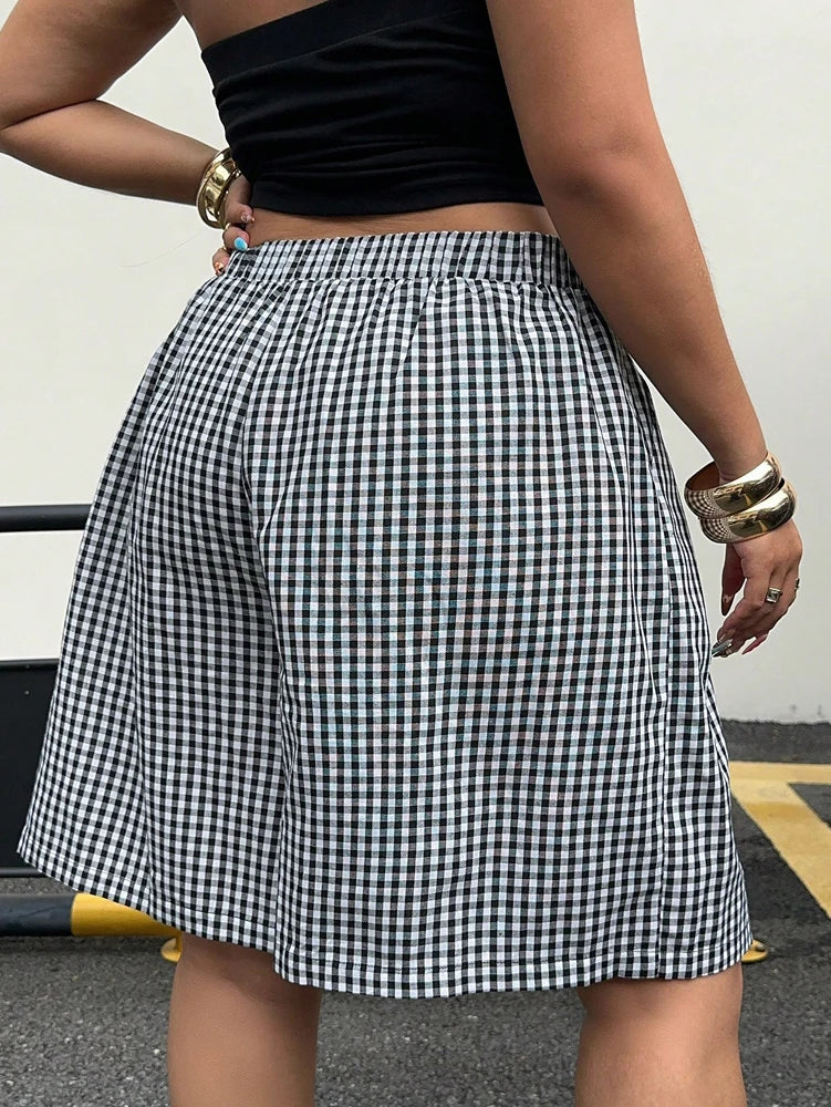 Ladies Plus Size Casual Plaid Shorts | Wide Leg Button Fly Summer Trousers