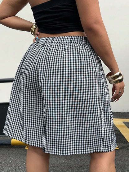Ladies Plus Size Casual Plaid Shorts | Wide Leg Button Fly Summer Trousers