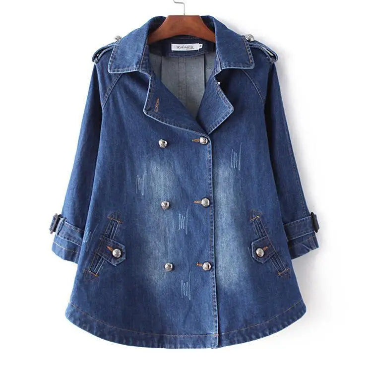 Denim Cape Coat Female Jacket Double Breasted Jackets Women Office Lady Windbreaker Denim Basic Coats Autumn Overcoat