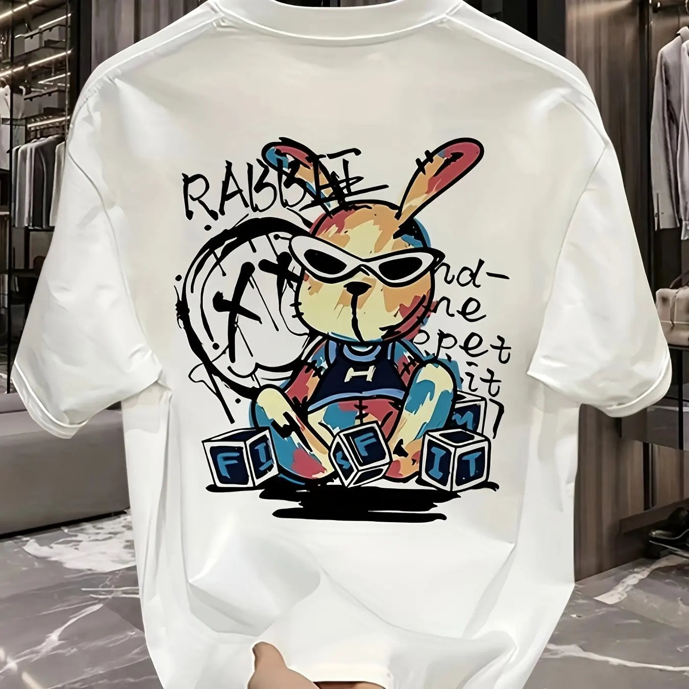 Men’s Summer Cotton Cartoon T-Shirt | Black Rabbit Print