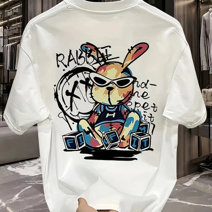 Men’s Summer Cotton Cartoon T-Shirt | Black Rabbit Print
