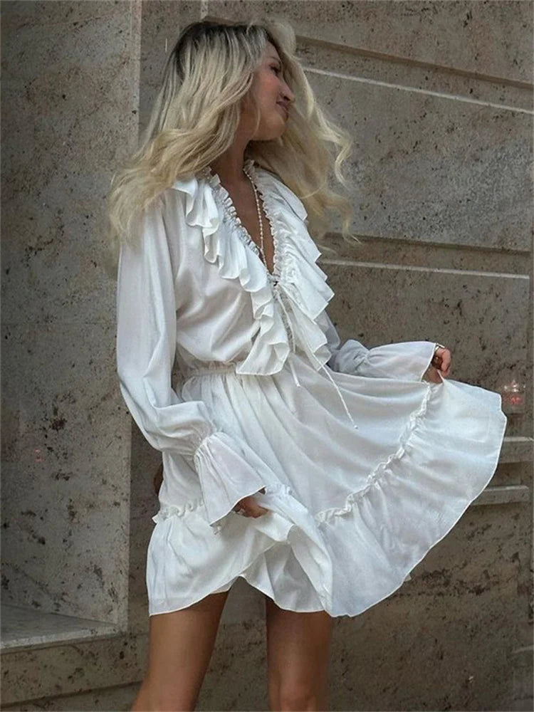 Tossy Ruffled V-Neck White Mini Dress