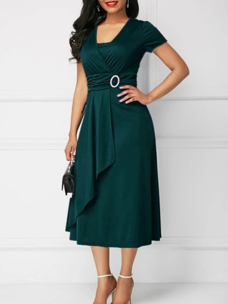 Elegant Women’s Solid Color V-Neck Asymmetric Hem Midi Dress