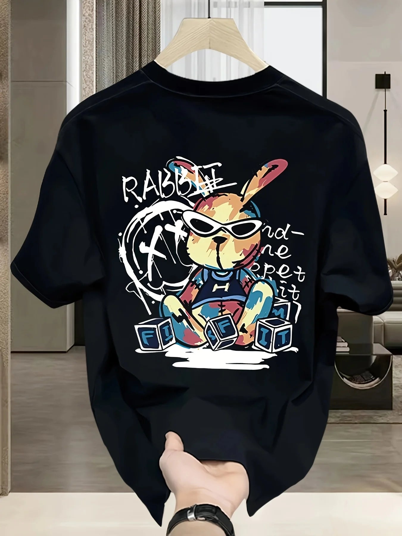 Men’s Summer Cotton Cartoon T-Shirt | Black Rabbit Print
