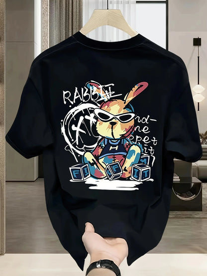 Men’s Summer Cotton Cartoon T-Shirt | Black Rabbit Print