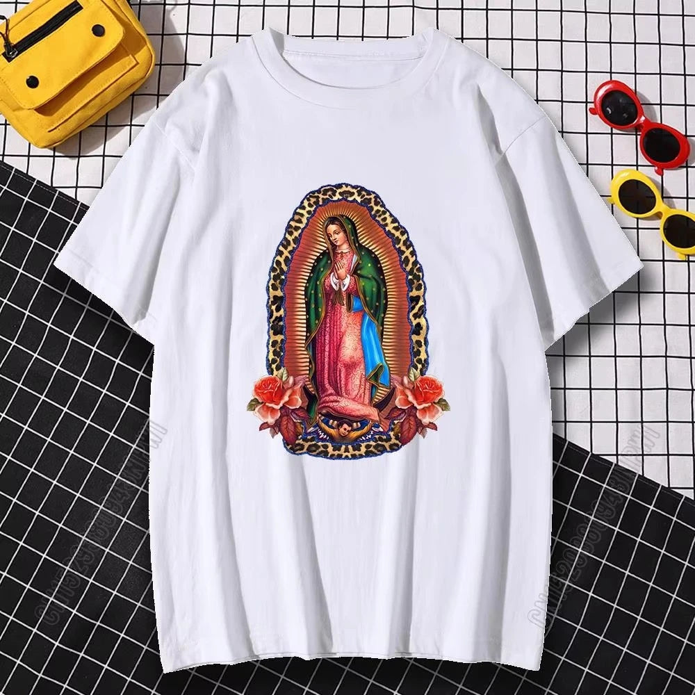 Man Woman T-Shirts Virgin Mary of Guadalupe Cotton Oversized Tops Hip Hop Loose Streetwear Tee Harajuku