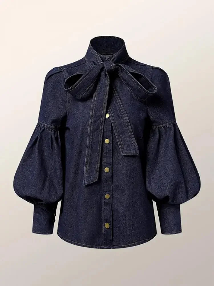 Gymystars New Trendy Imitation Denim Blouse Tops for Women Long Puff Sleeves Bow-Embellished High Neck Women&