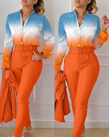 Elegant Print Shirt and Pants Two-Piece Set for Women