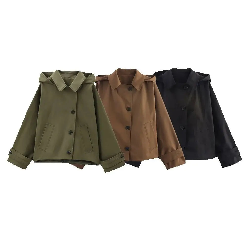Autumn new European and American style hooded long sleeved lapel jacket single breasted trench coat short jacket