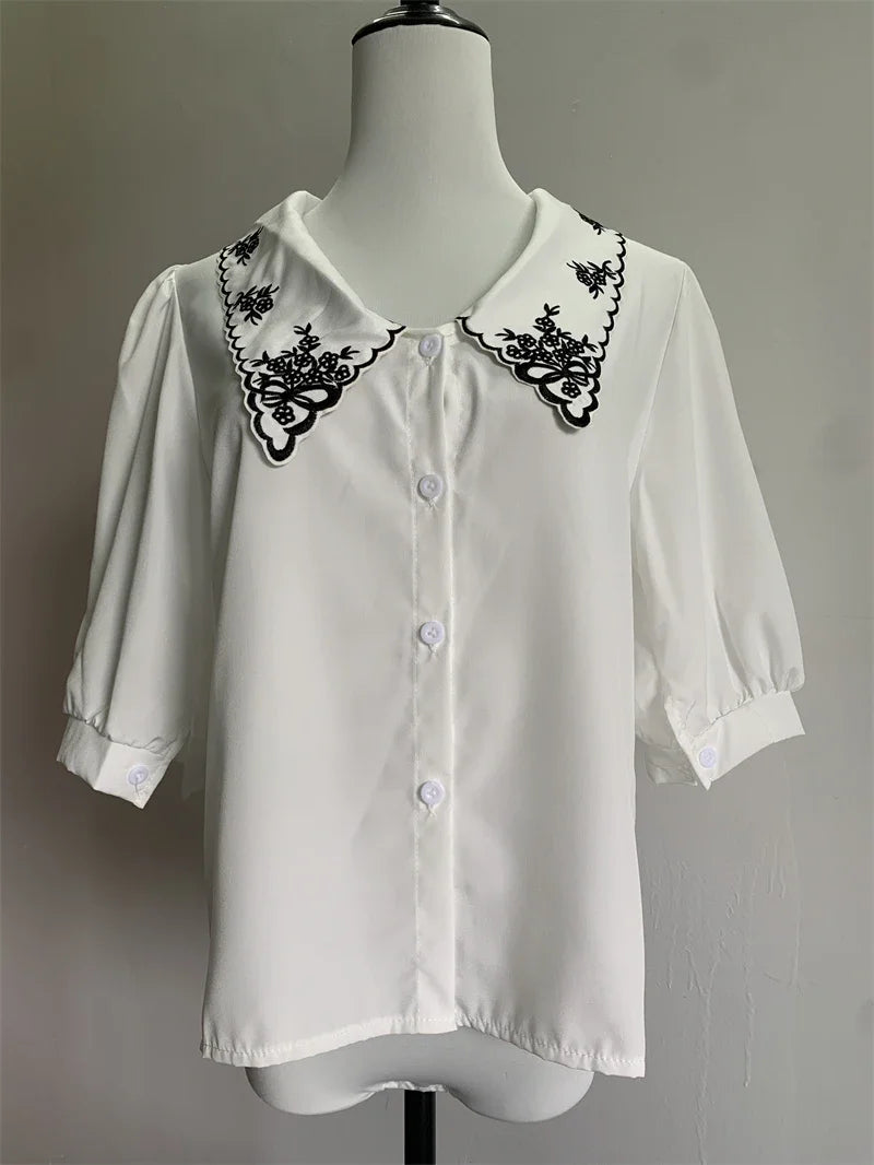 Vintage Half Sleeve Peter Pan Collar Shirt for Women