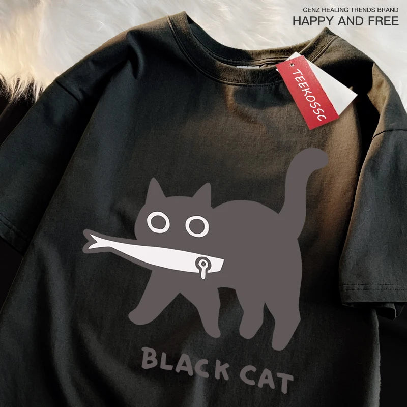 Japanese Style Cat Print Cotton T-Shirt