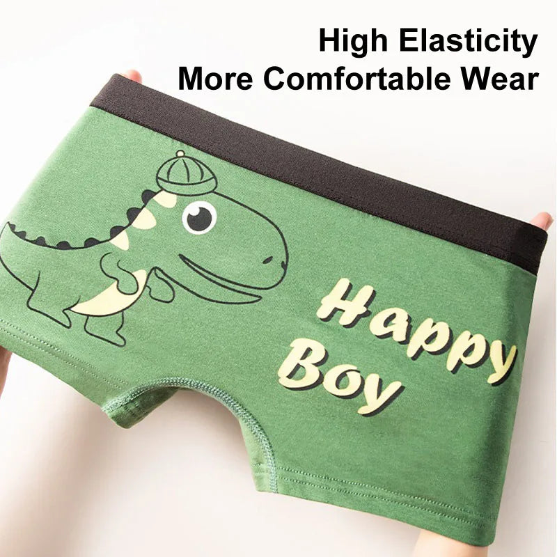 4 Pcs Kids’ Boxer Shorts Set | Cartoon Dinosaur Cotton Underwear