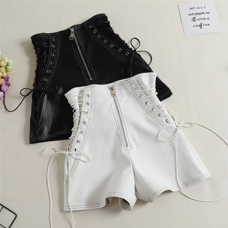 Women’s High-Waist PU Leather Shorts | Casual Wide-Leg Bow Detail