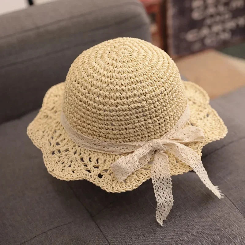 Baby Girl Summer Straw Hat – Lace Bow Sun Cap