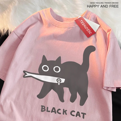 Japanese Style Cat Print Cotton T-Shirt