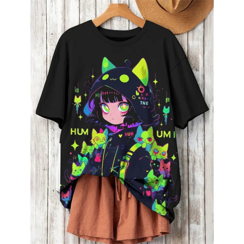 3D Printed Japanese Cat T-Shirt | Harajuku Cartoon Oversized Tee