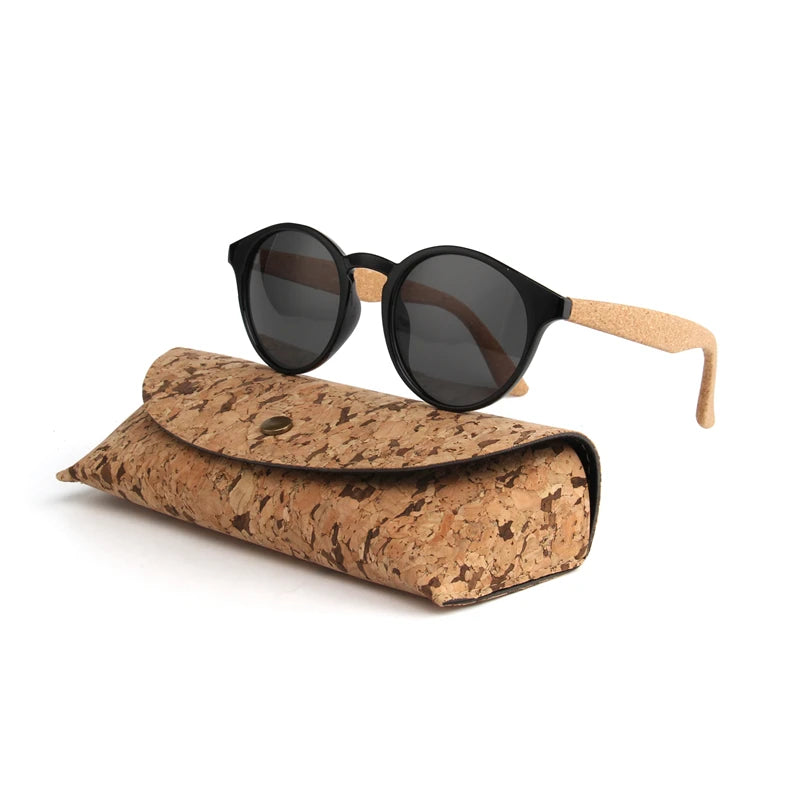 Round Bamboo Grain Polarized Sunglasses with Case – Unisex Wooden Style Shades