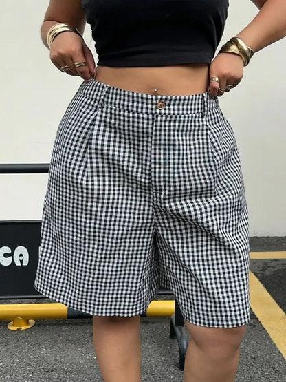 Ladies Plus Size Casual Plaid Shorts | Wide Leg Button Fly Summer Trousers