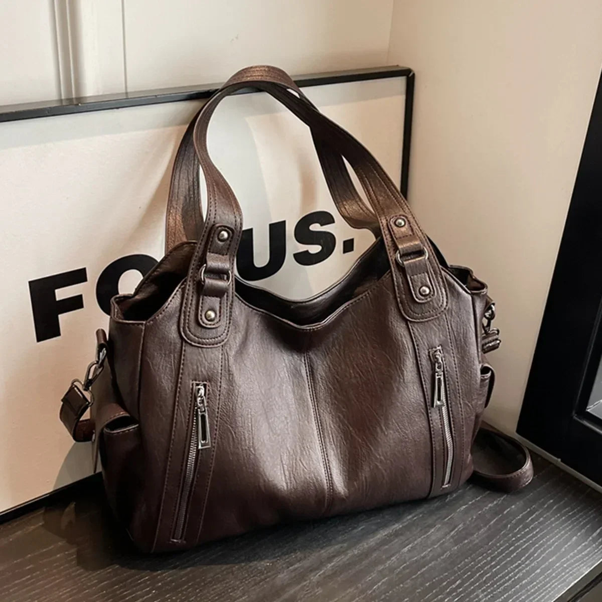 Contrasting Color PU Leather Shoulder Bag