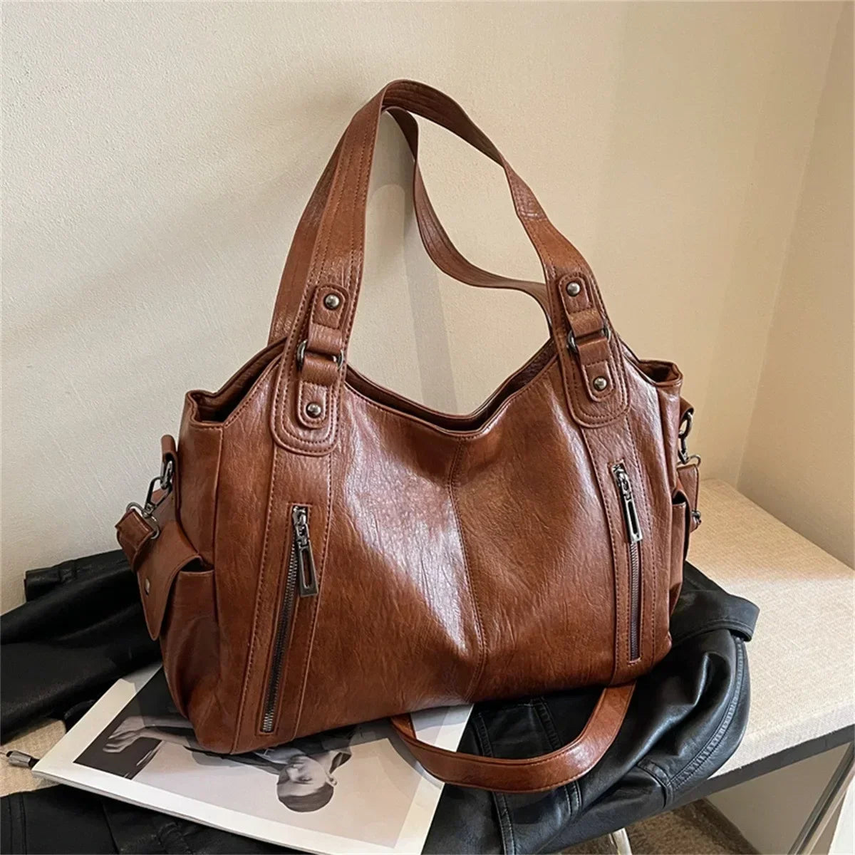 Contrasting Color PU Leather Shoulder Bag