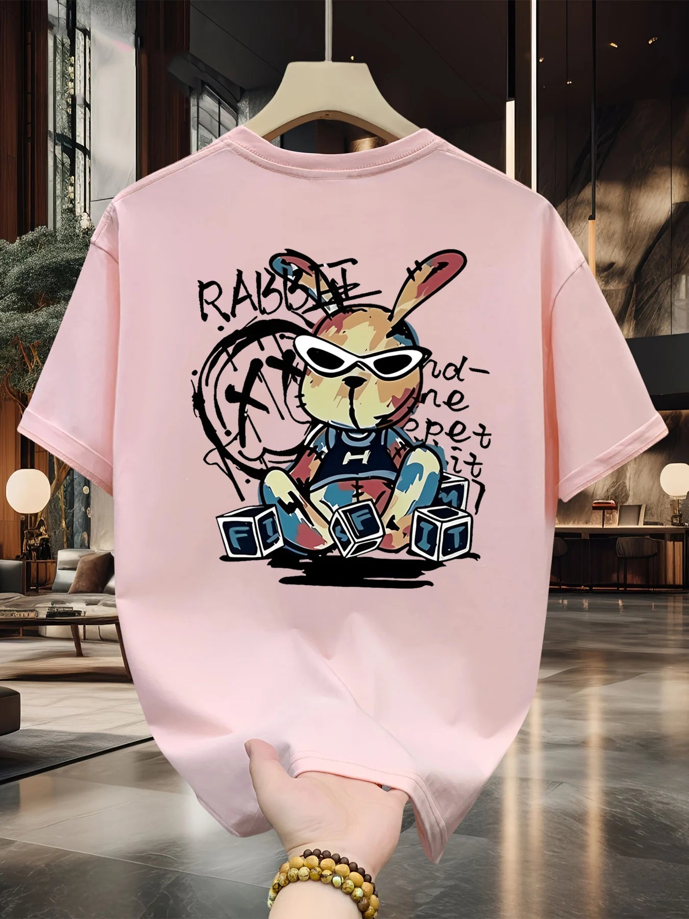 Men’s Summer Cotton Cartoon T-Shirt | Black Rabbit Print