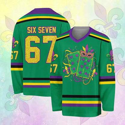 3D Print Mardi Gras Hockey Jersey | Glitter Carnival Long-Sleeve Streetwear T-Shirt