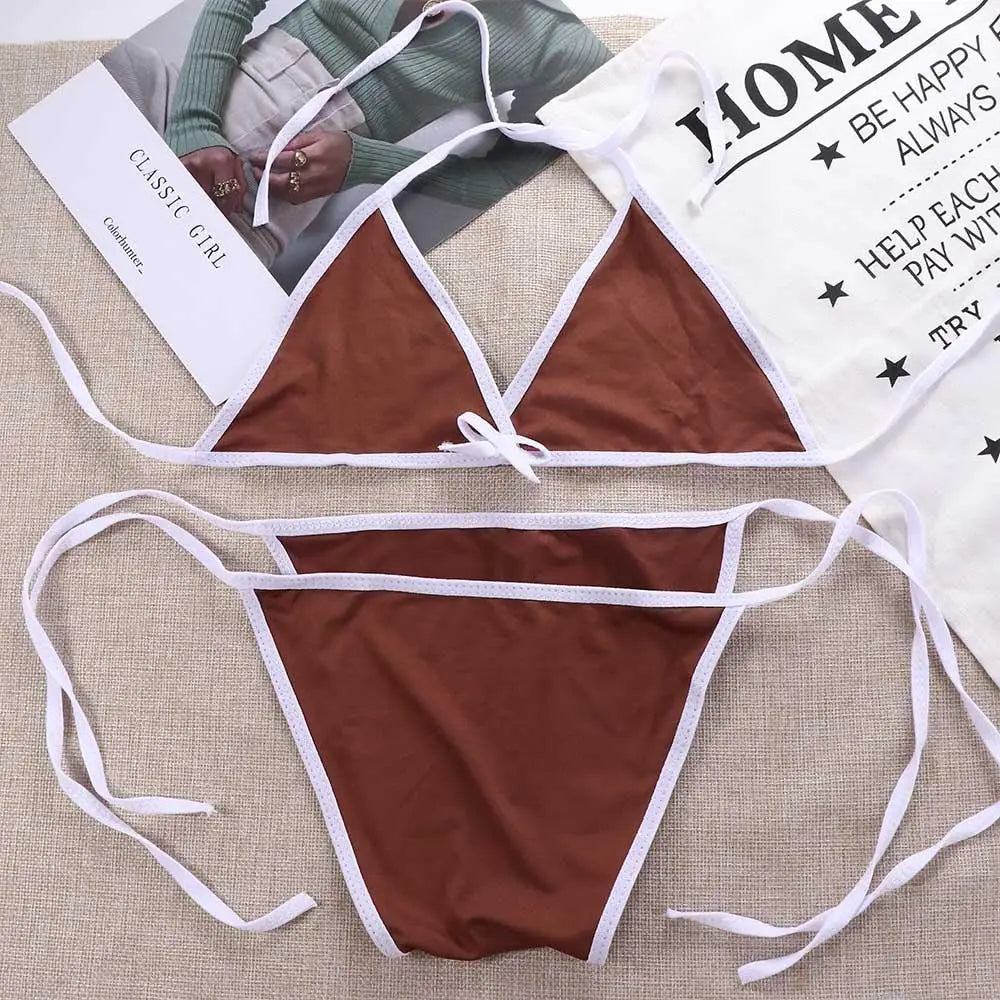 Contrast Binding Triangle Bikini Swimsuit
