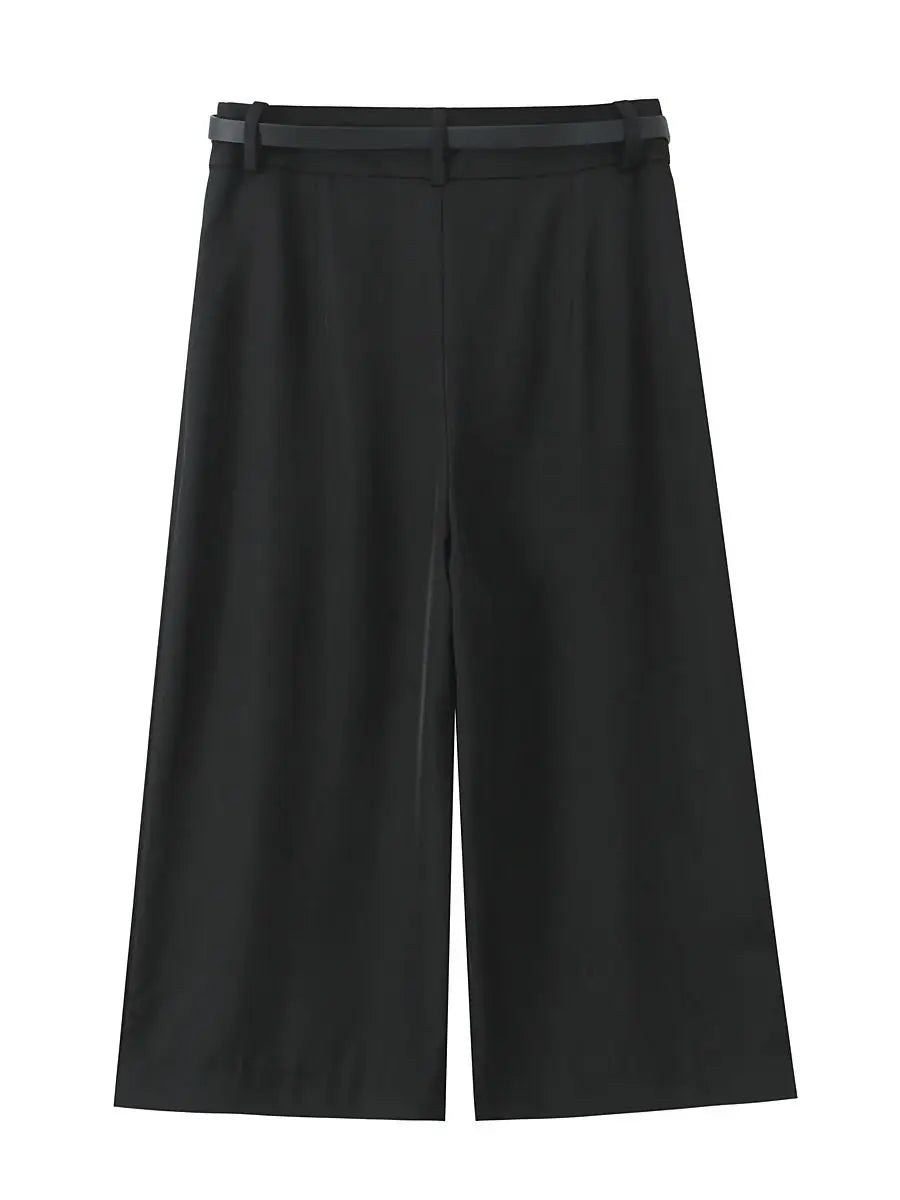 Vintage High-Waist Straight Trousers with Belt | Knee-Length Wide Leg Pants