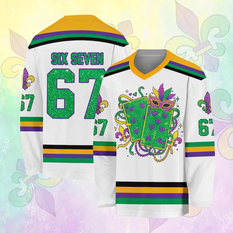 3D Print Mardi Gras Hockey Jersey | Glitter Carnival Long-Sleeve Streetwear T-Shirt