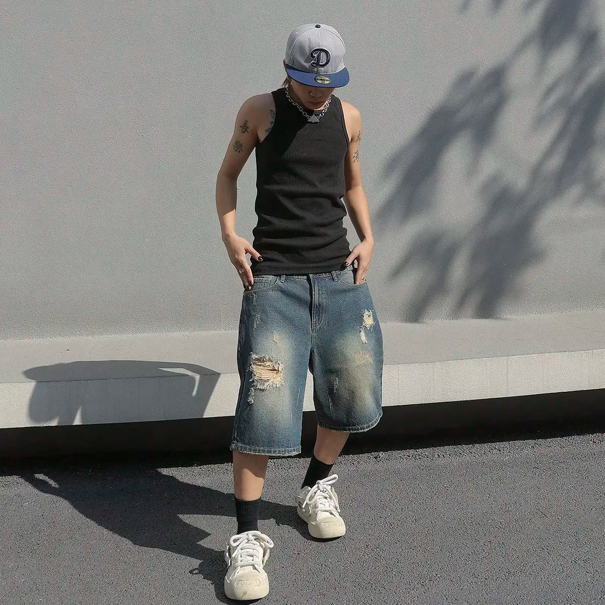 Men’s Baggy Ripped Denim Shorts | Stretchy Knee-Length Streetwear Jeans