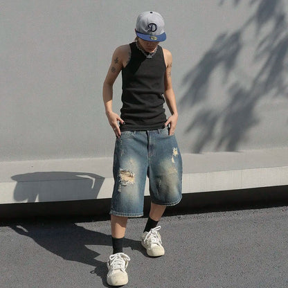 Men’s Baggy Ripped Denim Shorts | Stretchy Knee-Length Streetwear Jeans