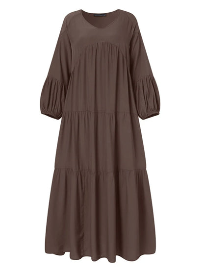ZANZEA Vintage Ruffle Puff Sleeve Maxi Dress