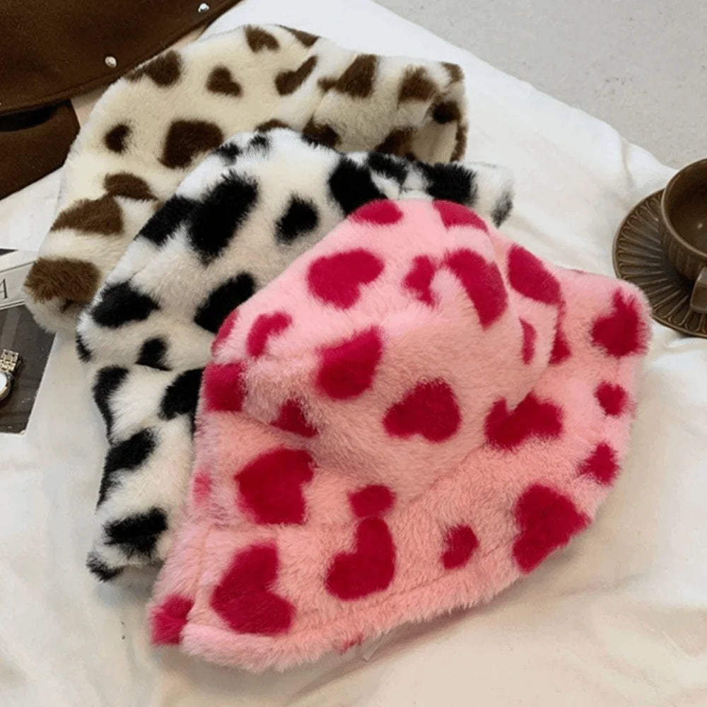 Sweet Faux Fur Fisherman Hat | Fluffy Heart Bucket Hat for Winter &amp; Casual Wear