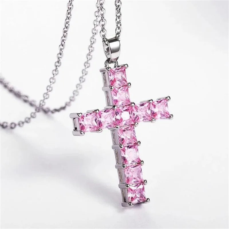 Golden Multicolor Crystal Cross Pendant Necklace