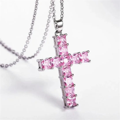 Golden Multicolor Crystal Cross Pendant Necklace