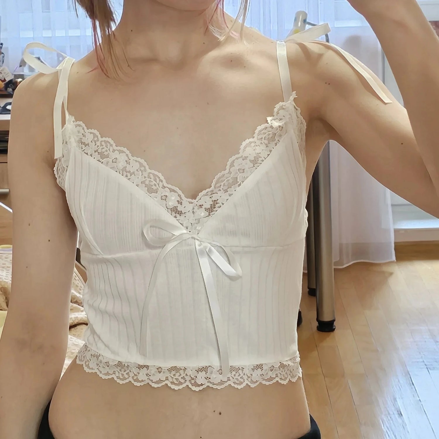 Lace Trim Crop Top - Aesthetic White Bow Mini Vest