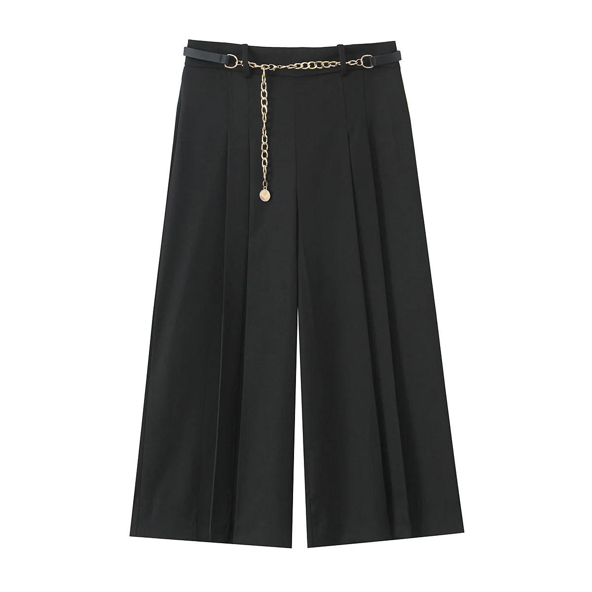 Vintage High-Waist Straight Trousers with Belt | Knee-Length Wide Leg Pants